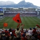 Fans cheer, with Table Mountain in the background, as Manchester United score. Kate Holt.